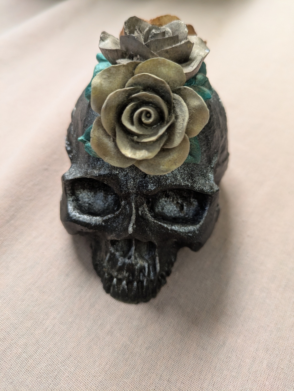 Decorative Black Skull Accent with Gold Roses Handmade